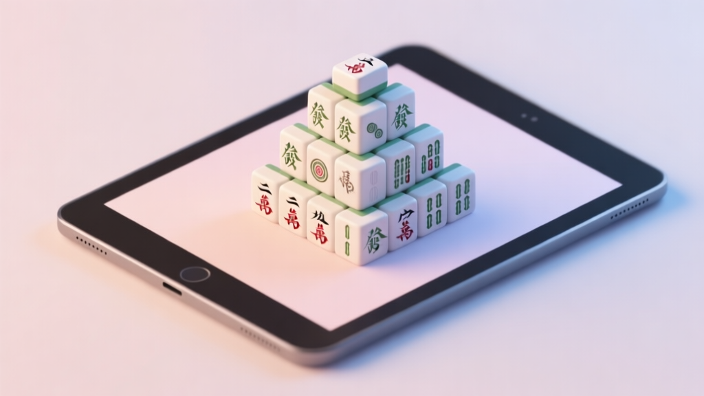 A clean, minimalist 3D render of a Mahjong Pyramid layout on a digital tablet screen, soft pastel background, geometric tiles with subtle Chinese character designs, top-down view high quality illustration, detailed, 16:9
