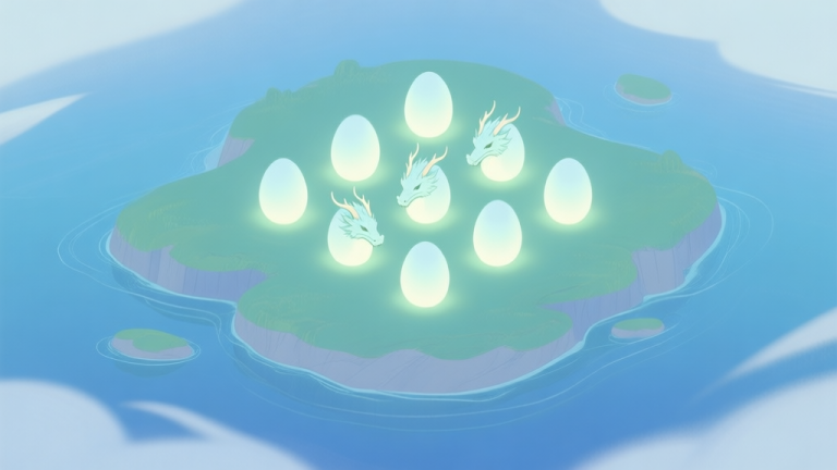 自动生成图片: A serene, minimalist digital illustration of a mystical island with soft glowing dragon eggs arranged in a neat 4x4 grid, pastel color palette of blues and greens, clean lines, concept art style high quality illustration, detailed, 16:9