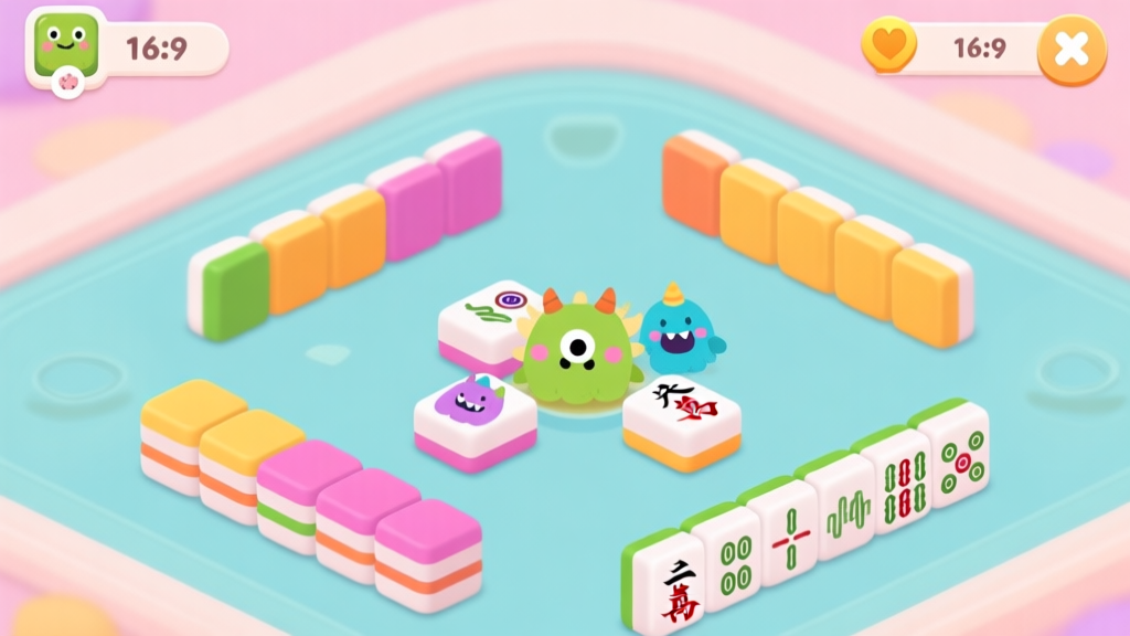 A welcoming and cute game interface scene showing colorful mahjong tiles with adorable monster illustrations, soft pastel background, clean and inviting mobile game aesthetic, with a hint of puzzle elements high quality illustration, detailed, 16:9