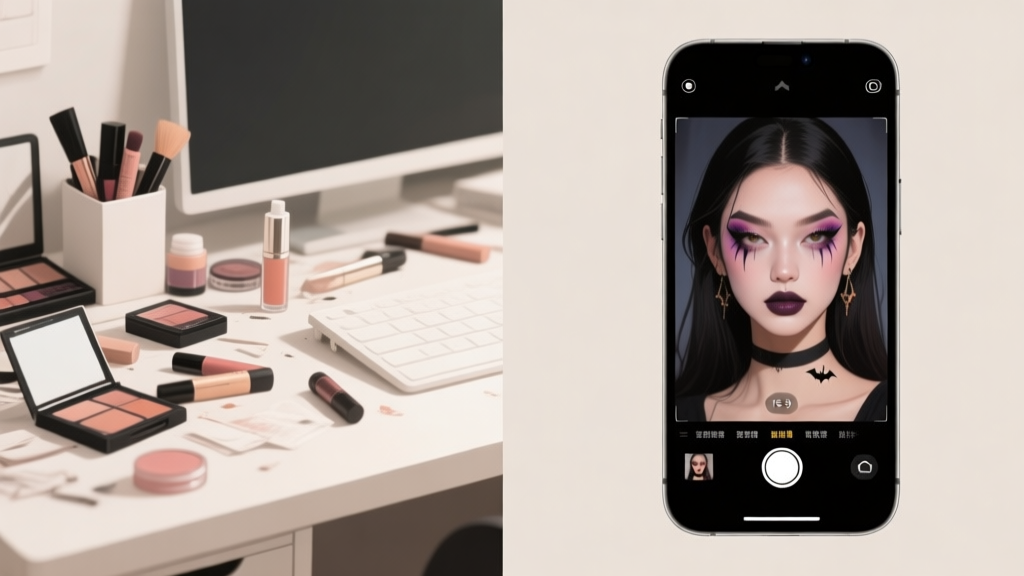A split-screen image showing a messy desk with makeup products on one side, and a clean, stunning Halloween makeup photo on a smartphone screen on the other, soft neutral background, minimalist style high quality illustration, detailed, 16:9
