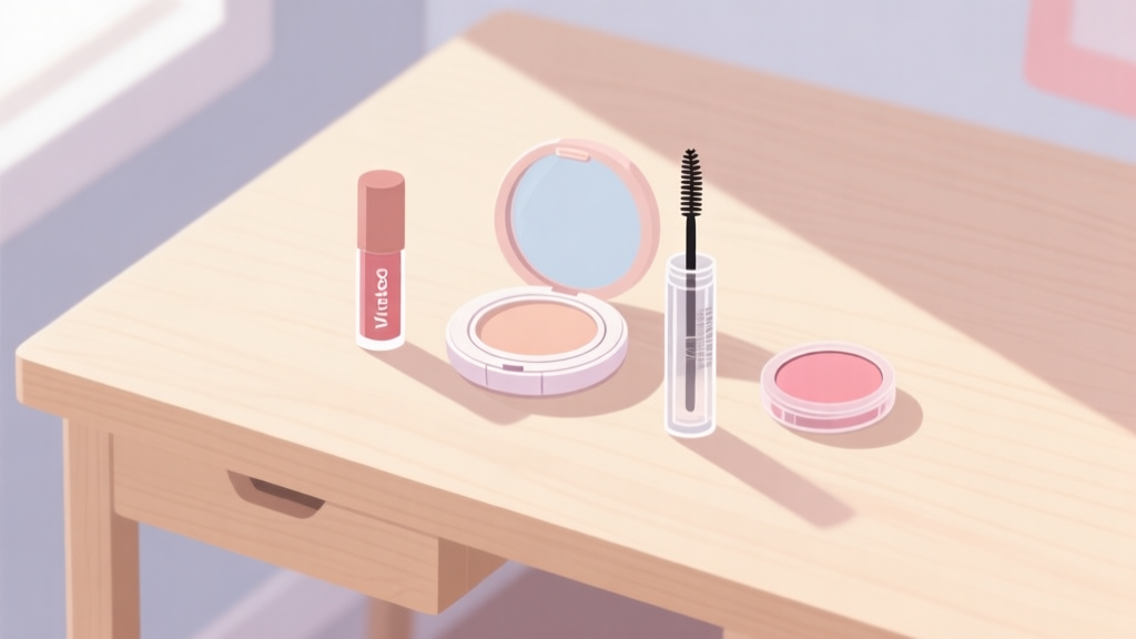A simple, clean flat-lay of essential teen makeup products on a light wooden desk: a tinted lip balm, a light cushion compact, a clear brow gel, and a small blush, with natural morning light, soft pastel colors, minimalist style high quality illustration, detailed, 16:9