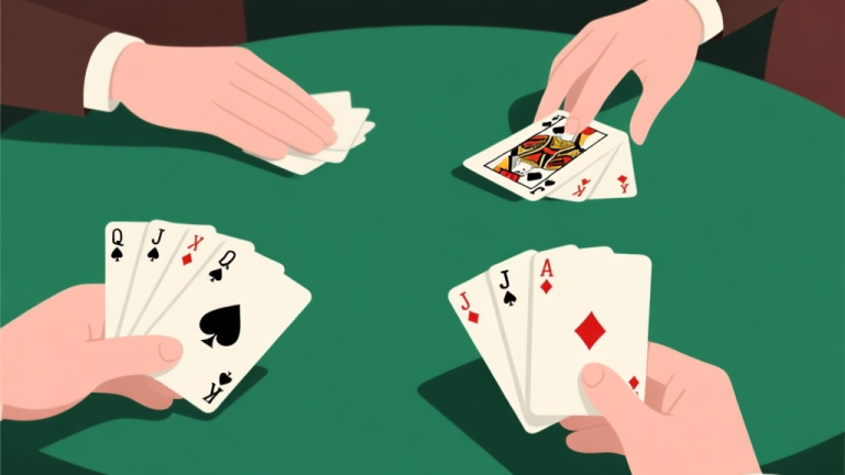 自动生成图片: A clean, minimalist illustration of a classic card game setup. Four hands of cards fanned out on a green felt table, with one hand highlighting the Queen of Spades and the Jack of Diamonds. Soft shadows, professional lighting, calm color palette. high quality illustration, detailed, 16:9