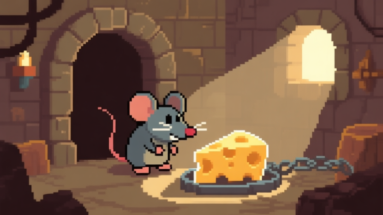 自动生成图片: A classic pixel-art style game scene showing a mouse character in a dungeon, looking at a cheese wedge on a trap, soft glowing light, muted earthy colors, nostalgic video game aesthetic high quality illustration, detailed, 16:9