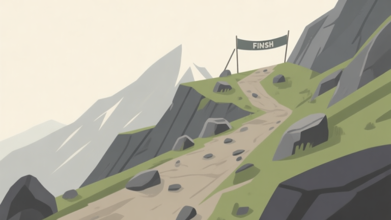自动生成图片: A stylized, minimalist illustration of a rugged mountain trail with a steep incline, loose rocks, and a distant finish line banner, using a muted color palette of slate grey, moss green, and soft beige, clean lines, video game concept art style high quality illustration, detailed, 16:9