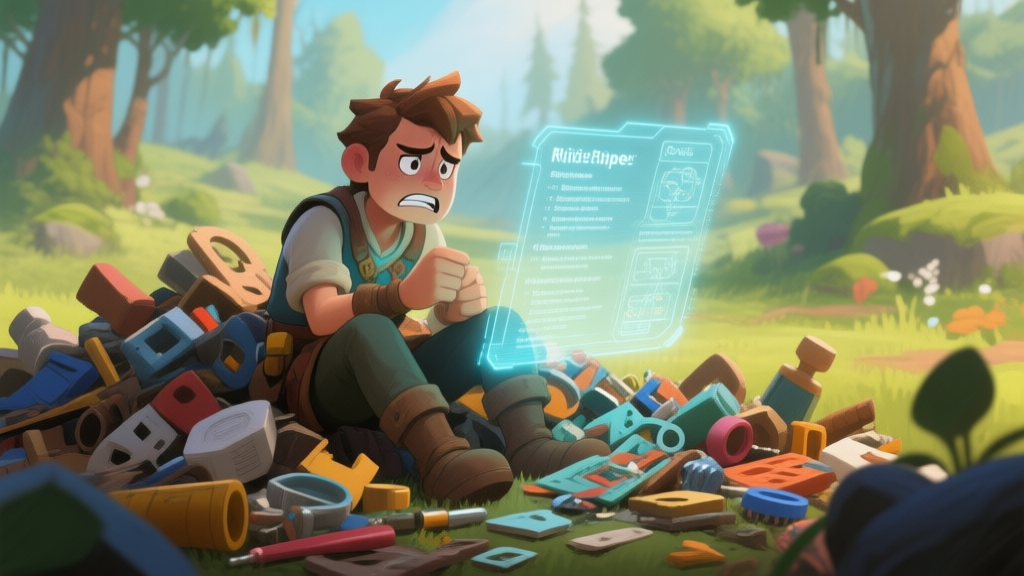 A frustrated game character sitting amidst a pile of mismatched crafting materials, looking at a complex recipe hologram, in a vibrant open-world forest setting, soft natural lighting, digital painting style high quality illustration, detailed, 16:9