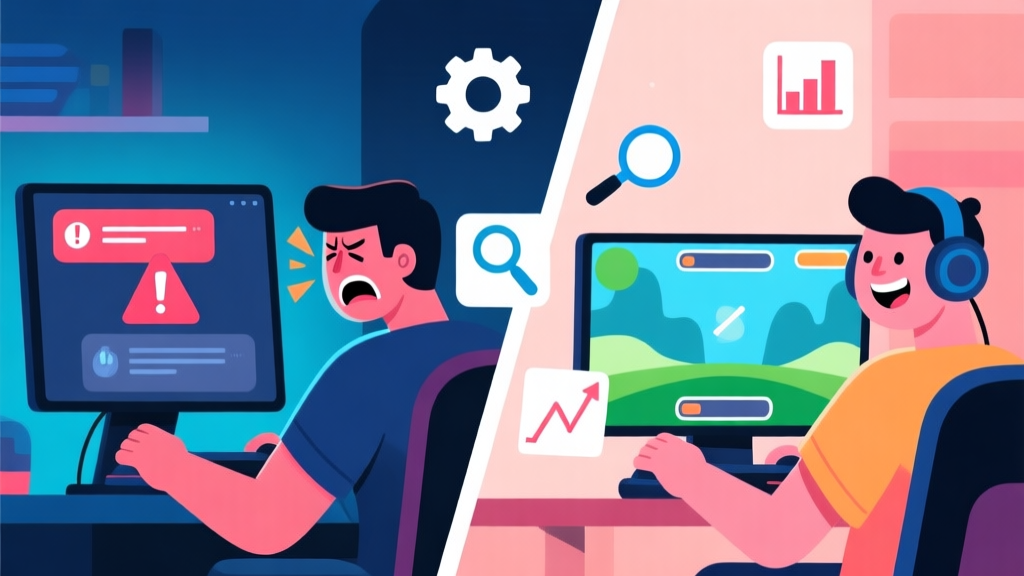 Split-screen illustration showing a frustrated gamer on left with error messages on monitor, and a happy gamer on right with smooth gameplay, with diagnostic icons like gear, magnifying glass, and graph floating in between, in a modern digital art style with a cohesive color palette high quality illustration, detailed, 16:9