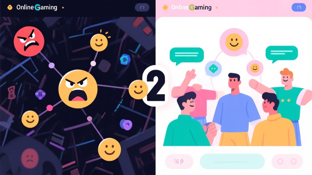 Split-screen illustration showing contrast in online gaming experiences. Left side: dark, chaotic screen with angry emoticons and disconnected symbols. Right side: bright, coordinated team with positive chat bubbles and synergy icons, soft pastel colors, clean digital art style high quality illustration, detailed, 16:9
