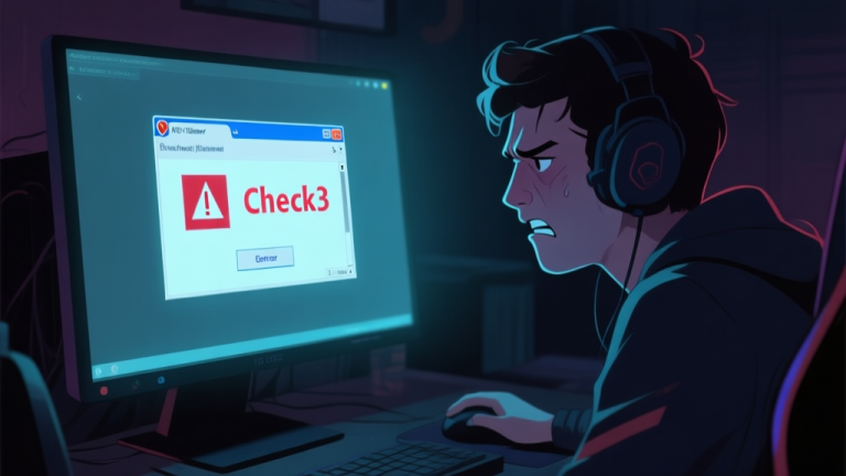 自动生成图片: A frustrated gamer looking at a computer screen displaying an error pop-up window with "Check3" text, dark room ambiance, screen glow illuminating the face, digital art style with soft lighting high quality illustration, detailed, 16:9