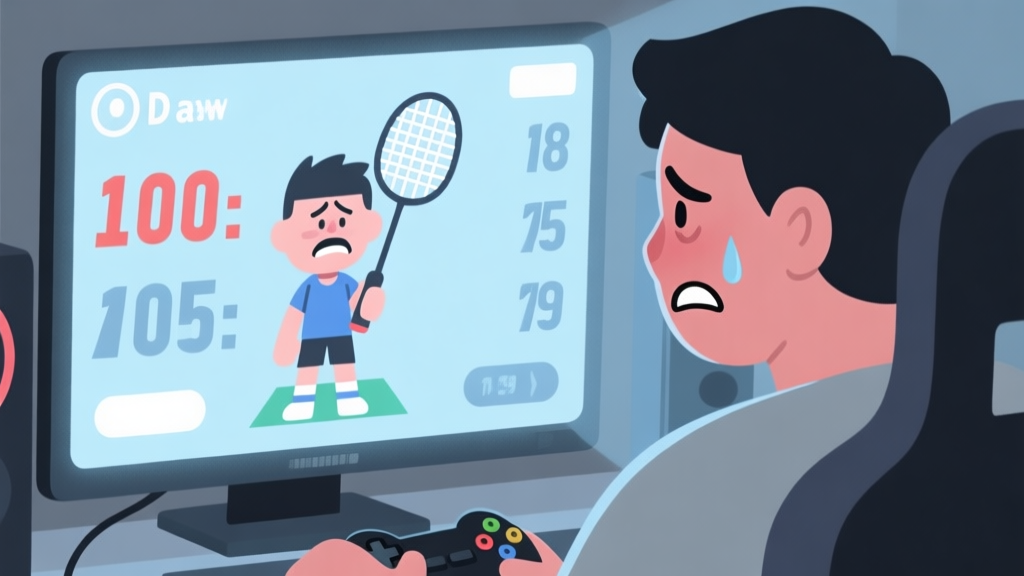 A frustrated gamer looking at a screen showing a badminton character with low damage numbers, soft blue and grey tones, clean digital illustration style, focused on the emotional expression high quality illustration, detailed, 16:9