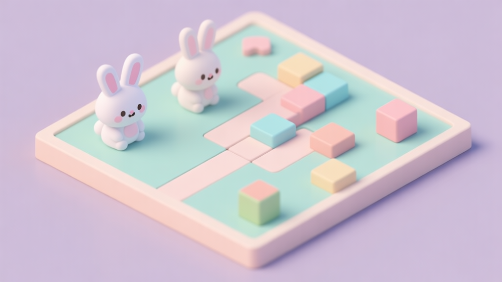 A minimalist isometric game board with cute rabbit and block puzzle elements, soft pastel colors, clean lines, showing a critical path solution in a puzzle game high quality illustration, detailed, 16:9