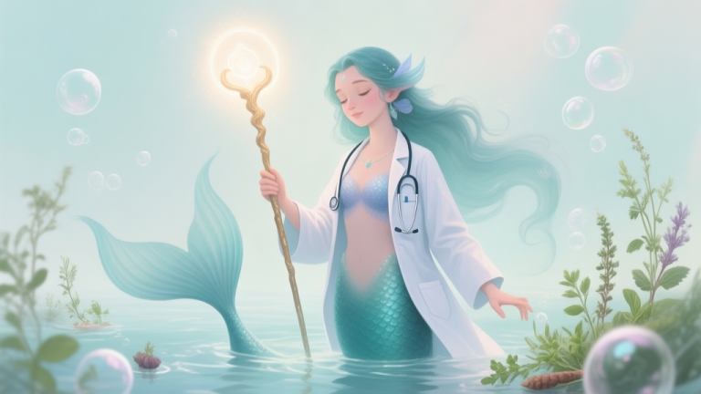 自动生成图片: A serene mermaid character with a doctor's coat, holding a staff that glows with soft healing light, surrounded by gentle water bubbles and medicinal herbs, in a soft pastel color palette, digital painting style high quality illustration, detailed, 16:9