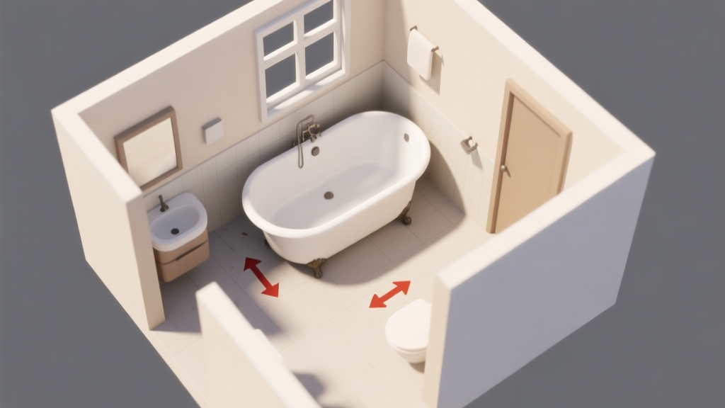 A minimalist 3D layout of a bathroom showing poor space planning around a large bathtub, with arrows indicating cramped walking areas, soft beige and grey color palette, clean lines, top-down view high quality illustration, detailed, 16:9