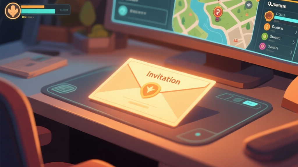 A stylized, warm-toned illustration of a glowing in-game invitation resting on a virtual desk, surrounded by subtle game UI elements like a mini-map and quest log, evoking a sense of anticipation and preparation high quality illustration, detailed, 16:9