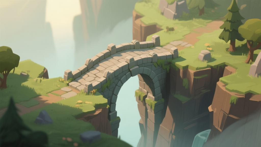 A serene, isometric view of a beautifully crafted stone bridge spanning a deep chasm in a fantasy game world, soft morning light, muted green and brown color palette, digital painting style high quality illustration, detailed, 16:9