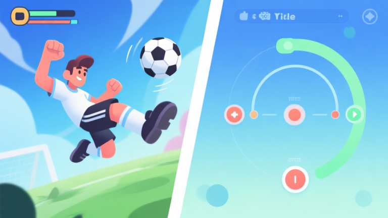 自动生成图片: A dynamic split-screen illustration showing a video game character in mid-air heading a soccer ball on one side, and an abstract diagram of timing arcs and button press indicators on the other, using a soft color palette of blues and greens, clean modern gaming aesthetic high quality illustration, detailed, 16:9