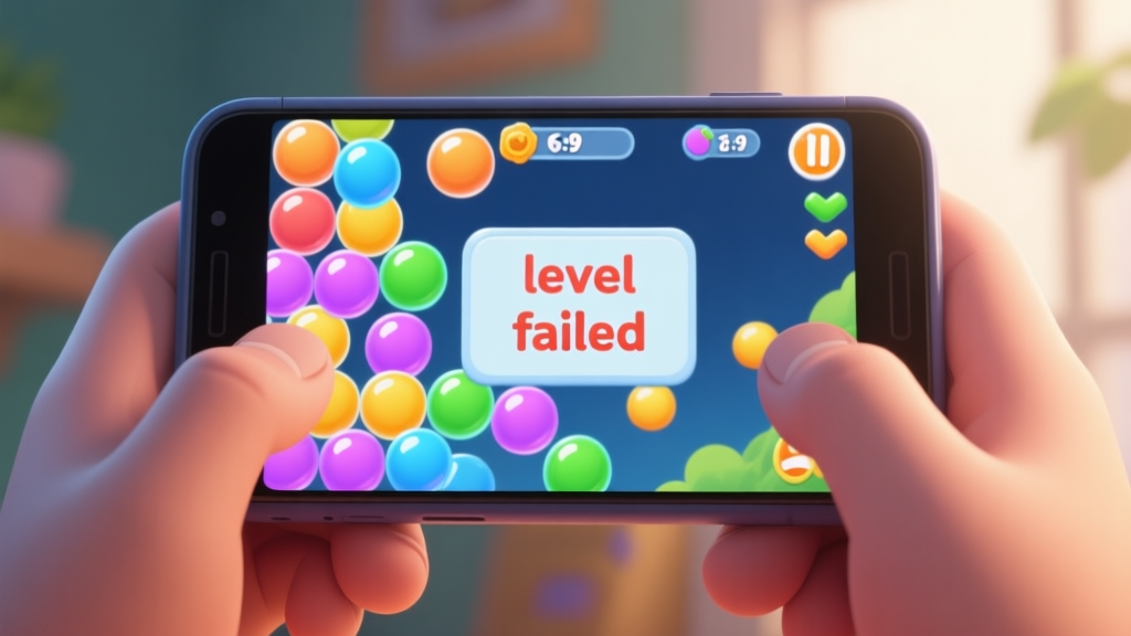 A frustrated mobile gamer staring at a colorful bubble pop puzzle game screen on a phone, with a "level failed" message visible, soft natural lighting, cartoonish realistic style high quality illustration, detailed, 16:9