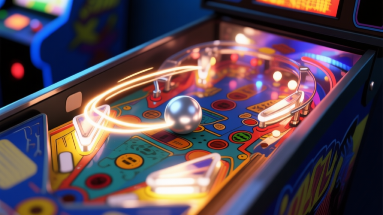 自动生成图片: A dynamic, slightly blurred top-down view of a brightly lit pinball machine playfield, with a silver ball in motion creating light trails, set against the dark ambiance of an arcade, conveying speed and excitement high quality illustration, detailed, 16:9