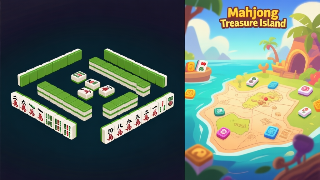 Split-screen illustration comparing two mahjong game styles. Left side: clean, organized layout of classic Mahjong Solitaire tiles on a dark background. Right side: vibrant, adventurous scene of Mahjong Treasure Island with map elements and themed tiles. Soft lighting, balanced composition high quality illustration, detailed, 16:9