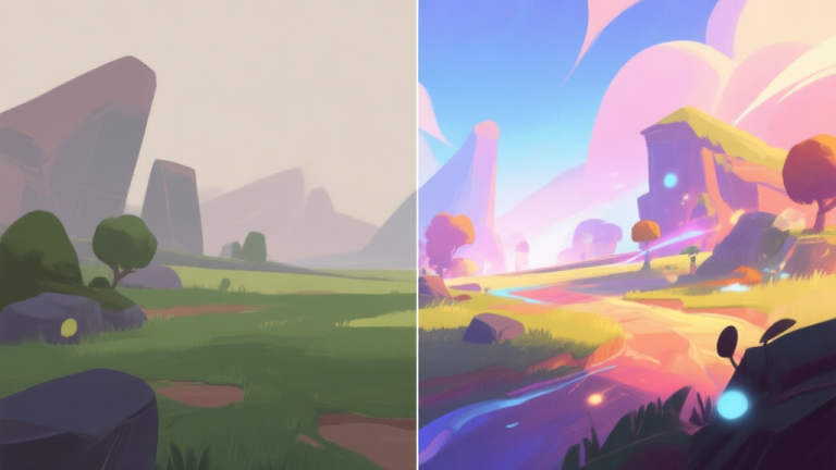自动生成图片: Abstract split-screen comparison of game visuals, one side muted and flat, the other vibrant and dynamic with subtle light effects, soft color transition, digital painting style high quality illustration, detailed, 16:9
