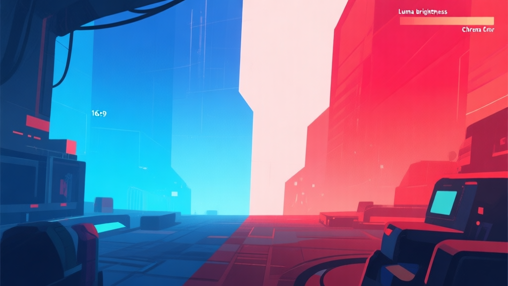 Abstract visualization of color data separation, showing luma (brightness) channel and chroma (color) channels splitting from a game scene, using soft digital art style with gradient blues and reds, clean and technical illustration high quality illustration, detailed, 16:9