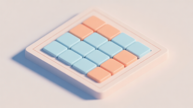 自动生成图片: A minimalist, top-down view of a 2048 game board in a calm state, with tiles neatly arranged in a corner, soft pastel colors for the tiles (light blues, gentle oranges), clean grid lines, conveying a sense of order and strategy high quality illustration, detailed, 16:9