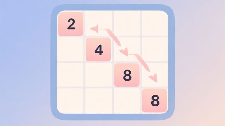 自动生成图片: A clean, minimalist diagram of a 4x4 grid showing numbered tiles (2, 4, 8) arranged in a descending order along one edge, with soft arrows indicating swipe direction, pastel color scheme, clear visual hierarchy high quality illustration, detailed, 16:9