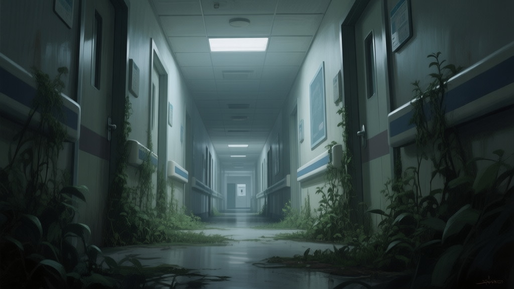 A dimly lit hospital corridor with overgrown plants, viewed from a tense, low-angle perspective, soft desaturated color palette, atmospheric and somber mood, digital painting style high quality illustration, detailed, 16:9