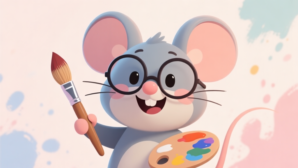 A friendly, stylized cartoon mouse character wearing round glasses and holding a digital paintbrush, smiling warmly. Soft pastel background with subtle paint splashes, clean and inviting illustration style high quality illustration, detailed, 16:9