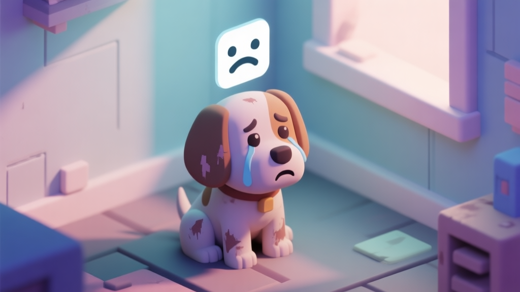 A distressed virtual pet dog with a low mood icon above its head, sitting in a poorly lit digital room, soft pastel colors, isometric game art style, conveying sadness and neglect high quality illustration, detailed, 16:9