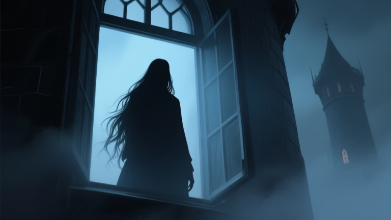 自动生成图片: A dark, moody cinematic scene showing a silhouette of a figure with long, flowing hair in a dimly lit tower window, soft blue and grey color palette, atmospheric horror style, subtle mist effects high quality illustration, detailed, 16:9