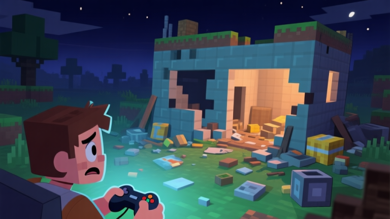 自动生成图片: A frustrated gamer looking at a messy, half-built base in a blocky survival game, with resources scattered everywhere and a dark night approaching, cartoonish style with soft lighting high quality illustration, detailed, 16:9