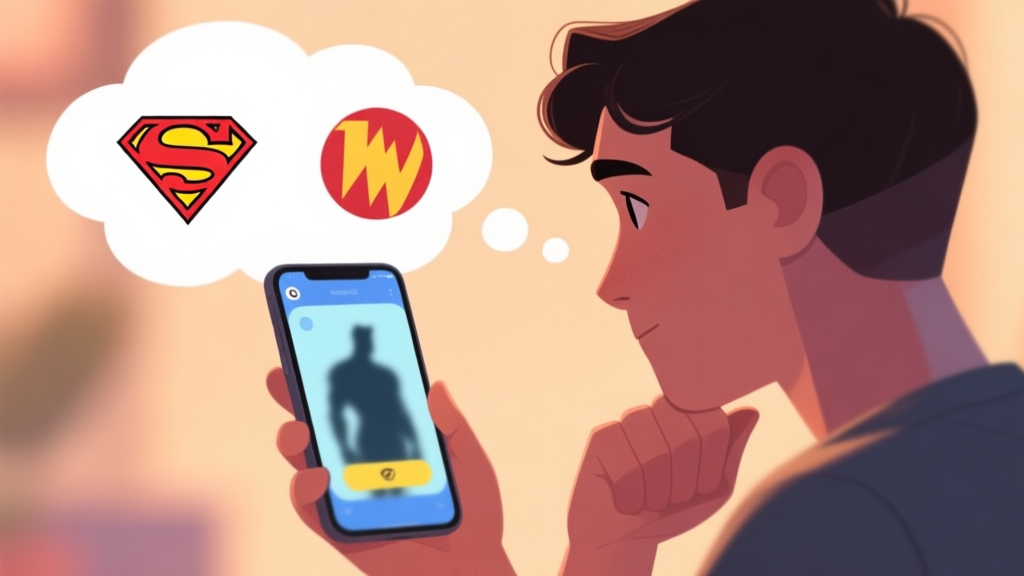 A person looking thoughtfully at a smartphone screen showing a blurry superhero silhouette quiz, with thought bubbles containing clear superhero logos and symbols, soft focus background, warm and inviting color palette high quality illustration, detailed, 16:9