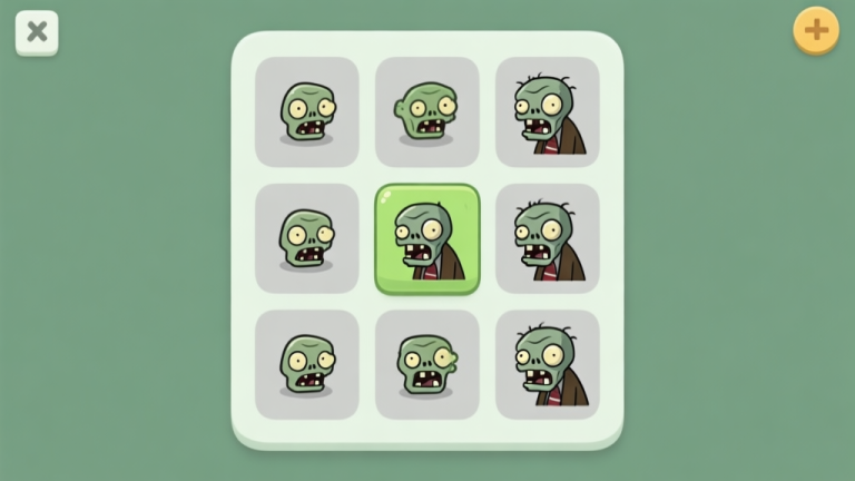 自动生成图片: A clean, minimalist game interface showing a 4x4 grid with cartoonish zombie tiles, some merged into larger zombies, soft green and grey color palette, focused on clarity and structure high quality illustration, detailed, 16:9