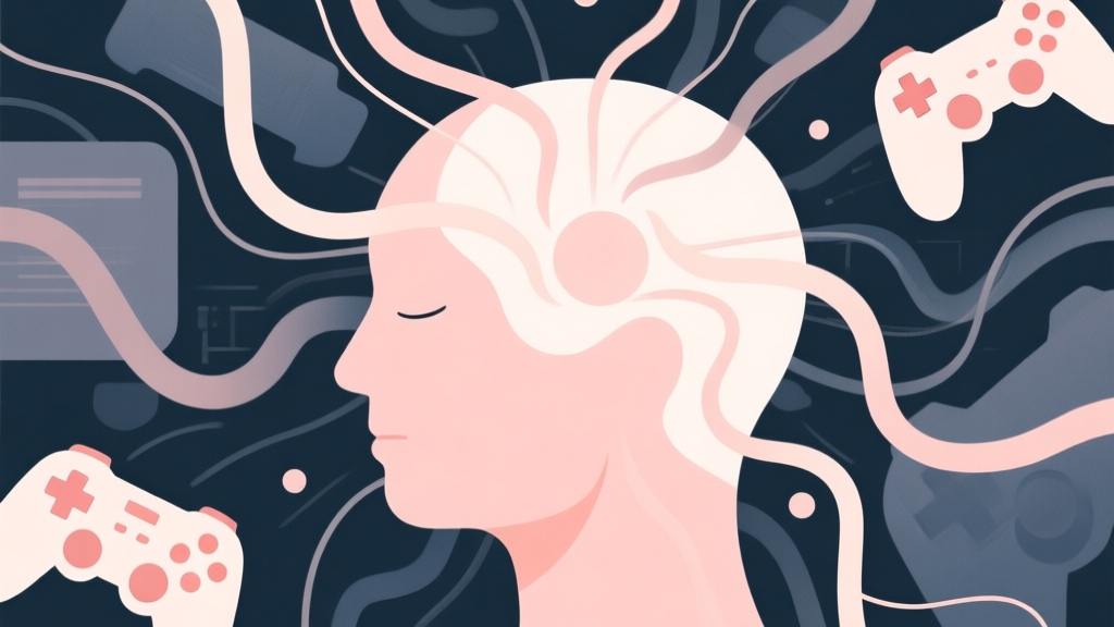 Abstract illustration of a calm mind amidst digital chaos, showing a serene central point with flowing lines and soft game controller silhouettes, muted pastel colors, minimalist style high quality illustration, detailed, 16:9