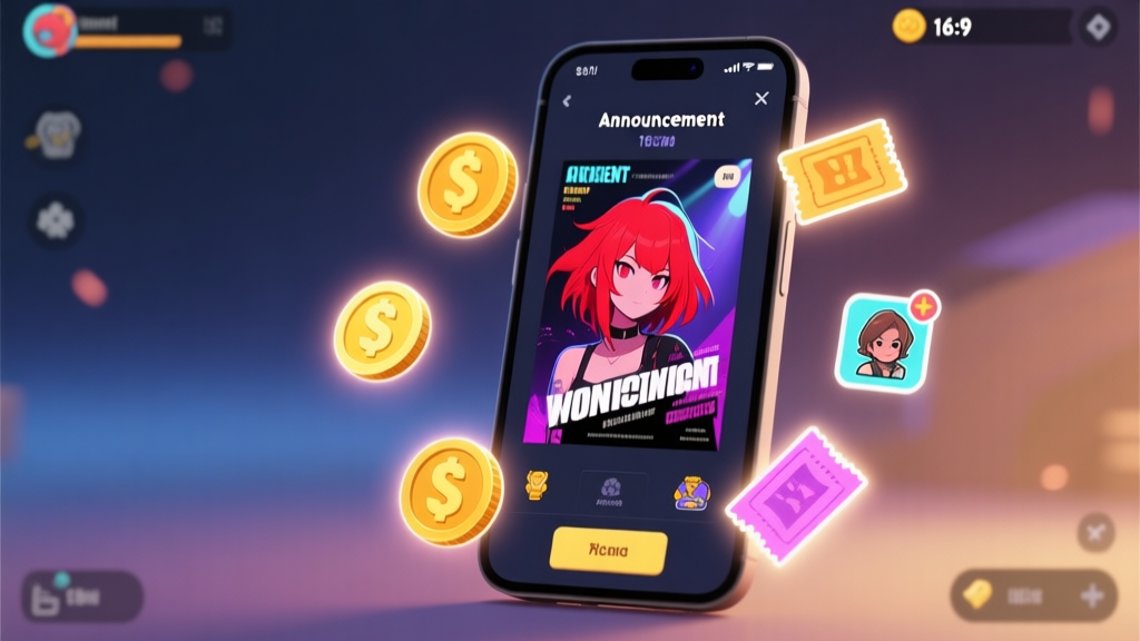 A vibrant yet softly lit in-game event announcement screen on a mobile device, showing a concert poster with a stylized red-haired character, surrounded by glowing reward icons like coins, tickets, and exclusive avatars, minimalist game UI style high quality illustration, detailed, 16:9