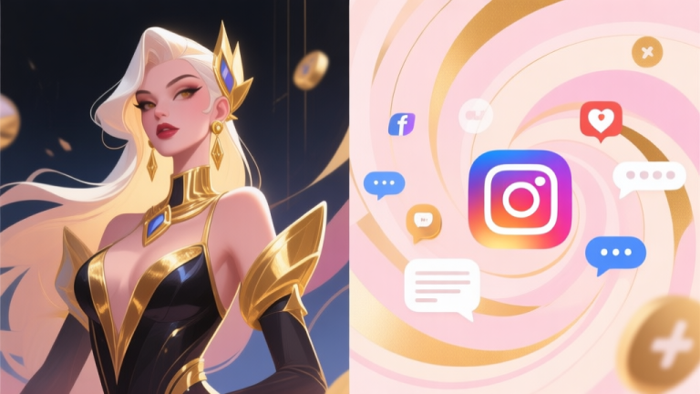 自动生成图片: A split-screen illustration showing a stylized, glamorous game character on one side and abstract, swirling social media icons and discussion bubbles on the other, in a soft pastel color scheme with gold accents, digital art style high quality illustration, detailed, 16:9