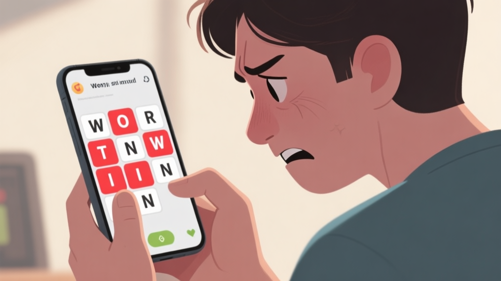 A person looking frustrated at a smartphone screen showing a word puzzle game, with wrong letters highlighted in red, soft natural lighting, muted color palette, relatable gaming scene high quality illustration, detailed, 16:9