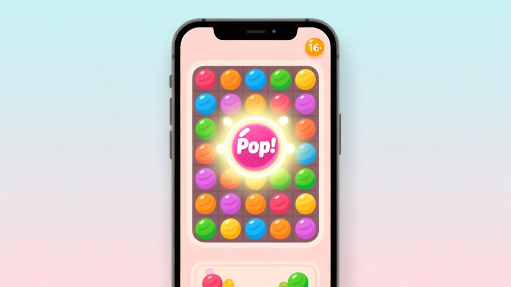 A minimalist, clean illustration of a smartphone screen showing a vibrant puzzle game level. Colorful candies are about to be matched, with a glowing "Pop" candy booster highlighted in the center, soft pastel background, flat design style high quality illustration, detailed, 16:9