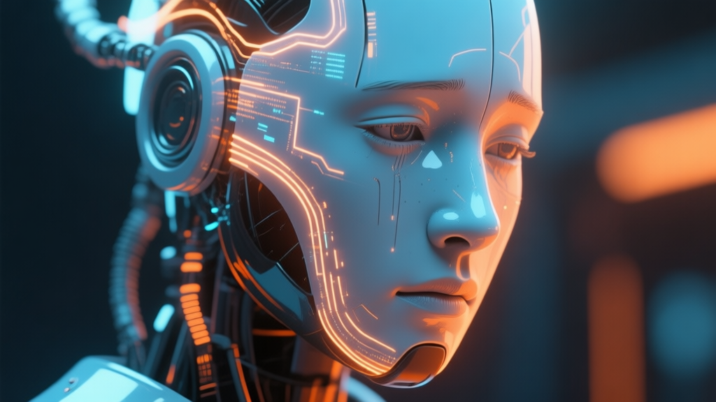 A futuristic, emotionally expressive robot face made of light and data streams, looking contemplative, soft blue and warm orange color scheme, digital art style, cinematic lighting high quality illustration, detailed, 16:9