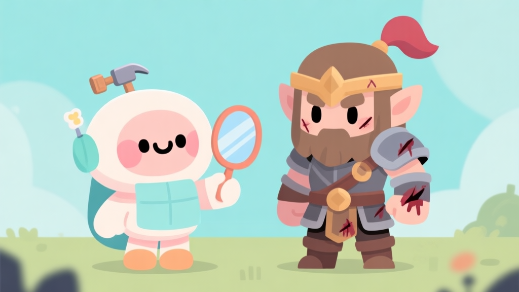 A cute, stylized cartoon character with a dentist's mirror and a tiny hammer, standing next to a wounded fantasy warrior, soft pastel colors, clean lines, video game illustration style high quality illustration, detailed, 16:9