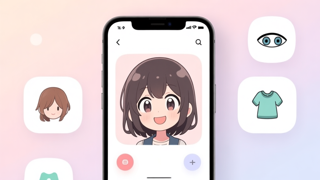 A cheerful, customizable anime-style avatar on a smartphone screen, surrounded by simple icon menus for hair, eyes, and clothes, soft pastel background, clean and inviting mobile app interface illustration high quality illustration, detailed, 16:9