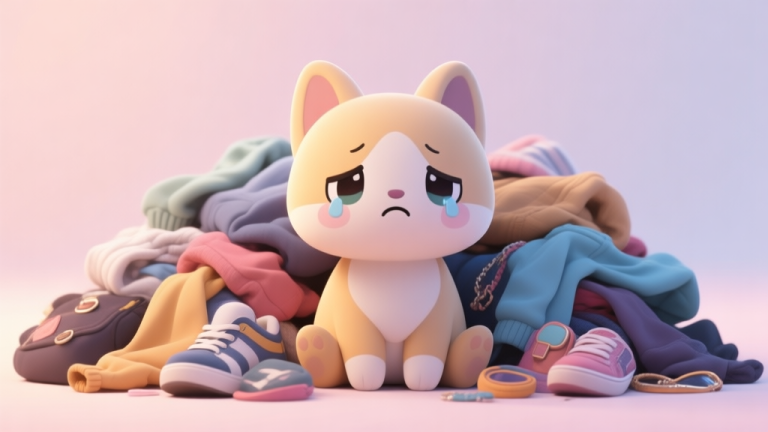 自动生成图片: A cute, slightly sad-looking virtual pet character sitting amidst a pile of mismatched clothes and accessories, soft pastel background, gentle lighting, digital illustration style high quality illustration, detailed, 16:9