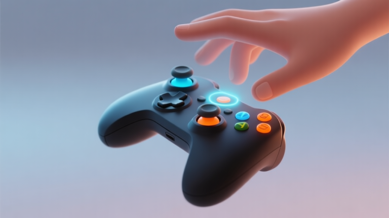 自动生成图片: A hand hovering over a game controller, with subtle, glowing interactive elements like buttons and joysticks highlighted in soft blue and orange, minimalist design, focused on tactile feedback high quality illustration, detailed, 16:9