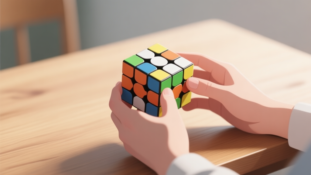 A person's hands holding a scrambled 3D puzzle cube on a wooden table, soft natural lighting, focus on the cube and fingers, calm and focused atmosphere, minimalist style high quality illustration, detailed, 16:9