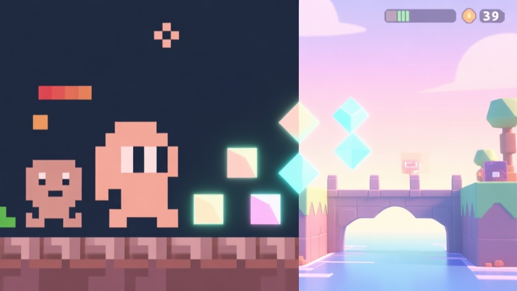A split image showing on one side pixelated classic game characters with simple shapes, and on the other side a modern 3D game scene, connected by a bridge of glowing geometric shapes, soft pastel color transition, minimalist digital art style high quality illustration, detailed, 16:9