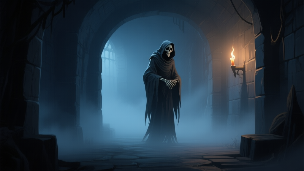 A dark, atmospheric game scene with a cloaked Grim Reaper figure standing in a misty dungeon, soft glow from a distant torch, muted dark blue and grey color palette, video game concept art style high quality illustration, detailed, 16:9
