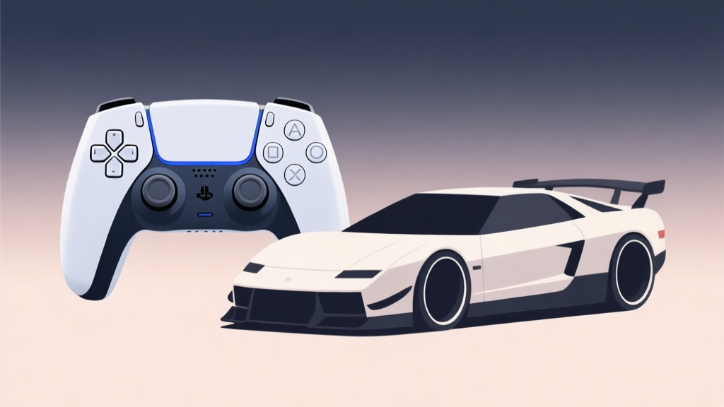 A modern, minimalist illustration of a game controller and a stylized Japanese car model on a soft gradient background, with clean lines and a calm, professional color palette high quality illustration, detailed, 16:9