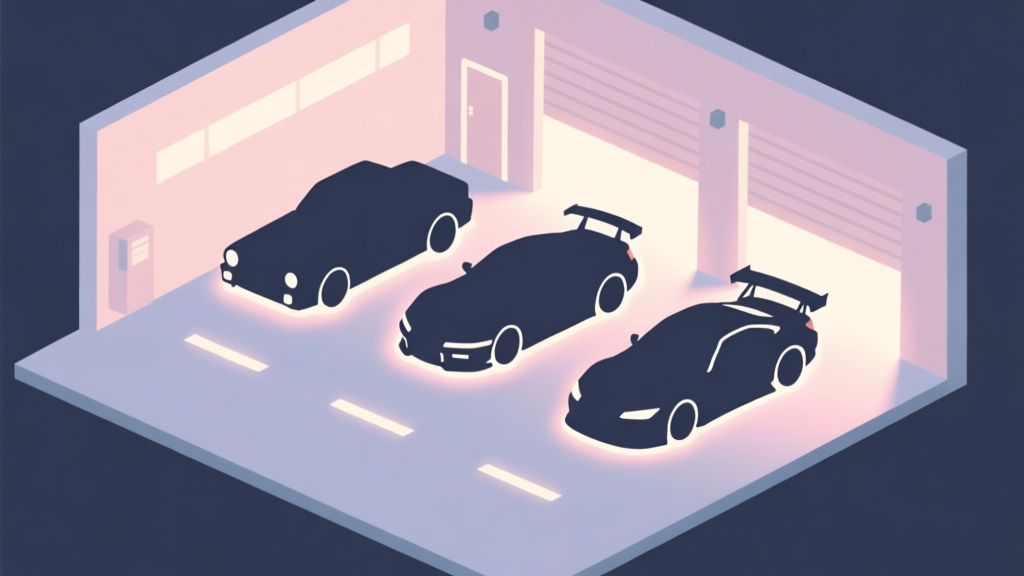 A minimalist isometric illustration of a virtual garage with three distinct Japanese car silhouettes (a classic, a modern sports car, and a tuner), soft glowing outlines, pastel color palette, clean digital art style high quality illustration, detailed, 16:9