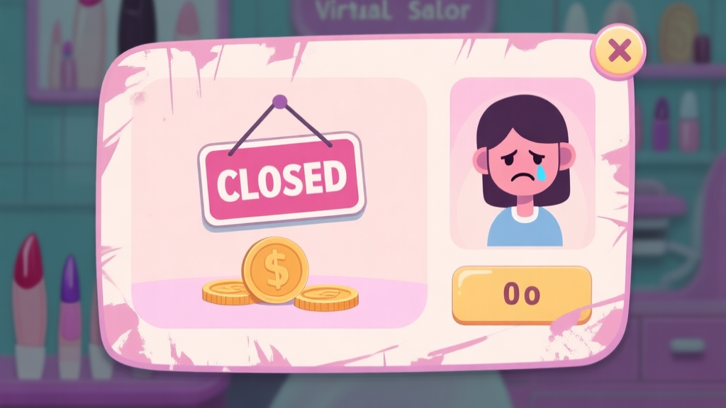 A stylized, slightly distressed game UI screen showing a virtual nail salon with a "CLOSED" sign, coins dwindling to zero, and a sad-faced avatar, in a soft pastel color palette with a hint of melancholy, digital illustration high quality illustration, detailed, 16:9