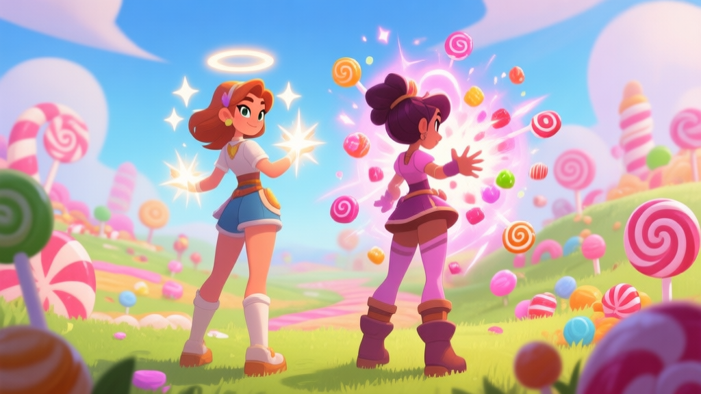 A vibrant and whimsical game scene showing two distinct female characters, one with supportive aura and healing sparkles, the other surrounded by magical candy-based area-of-effect damage, standing back-to-back in a colorful Candyland battlefield, cartoon style, soft lighting high quality illustration, detailed, 16:9
